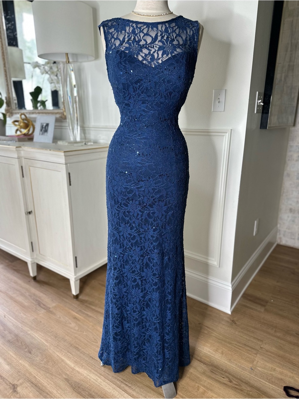Nina Ricci Navy Lace Beaded Maxi Dress